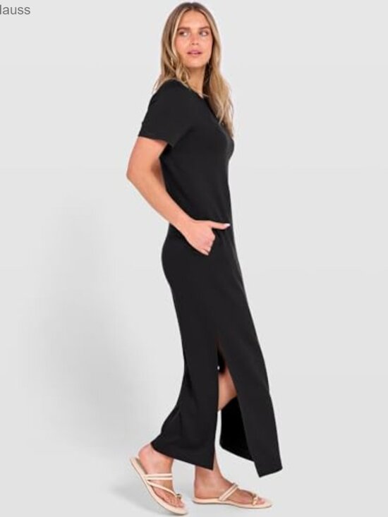 Summer Maxi Dress Short Sleeve Crewneck Split Wrinkle-Free Travel Sundress - Picture 5 of 7